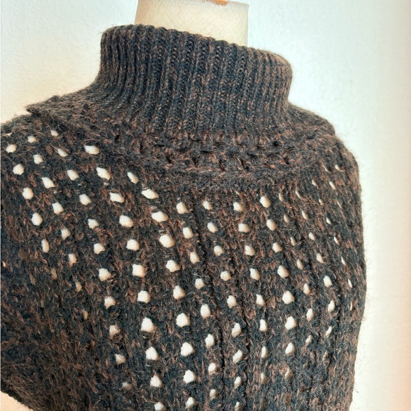 VTG y2k brown black cache chunky knit sweater short sleeve long top dress neck L - Picture 8 of 11